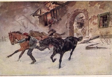 Капрал Franz Vesely из 5-го уланского полка спасает лошадей