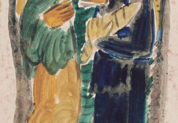 Юстицкий В.М. Две фигуры с батонами. Из серии «Рыбаки». Бумага, гуашь. Р.и. 24,5х18,5 (СГХМ, Г-7124)
